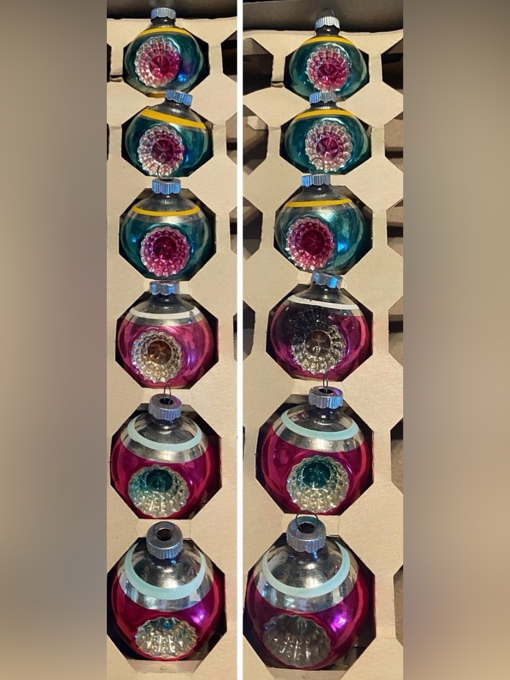 6 Shiny Brite double indent ornaments